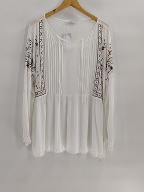 Keren Hart Blouse Large White Embroidered Bodice Long Sleeve NWT Pin Tucked